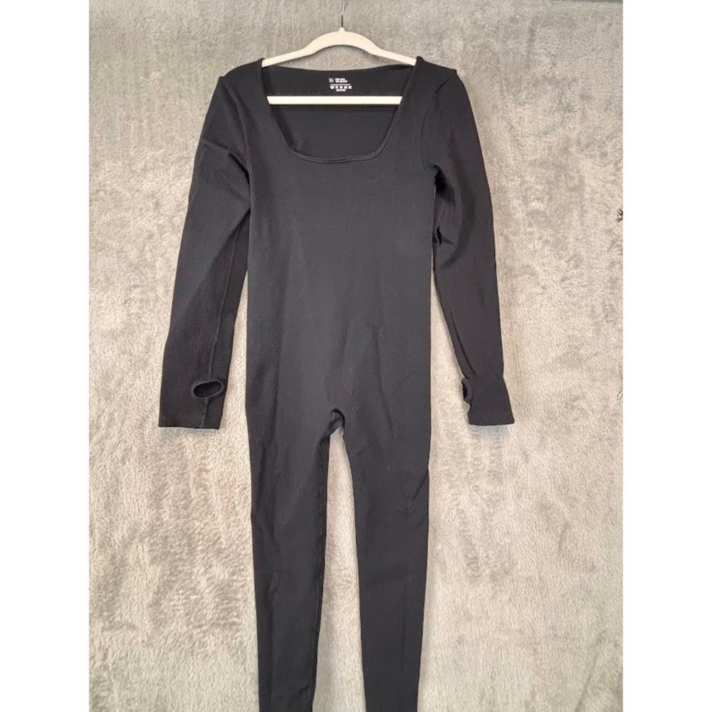 Black Ribbed Long Sleeve Jumpsuit Square Neck Thumbhole XL Athleisure Catsuit
